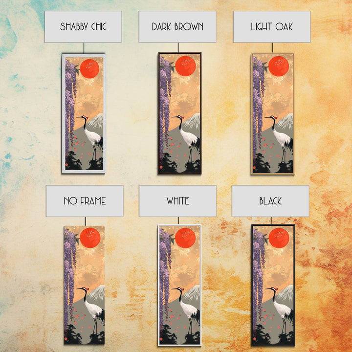 Japanese Crane Skinny Wall Art Framed Canvas Print in a Garden with Wisteria Flowers and Mount Fuji in the Background