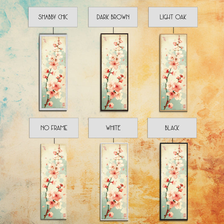 Cherry Blossom Japanese Art Skinny Wall Art Framed Canvas Print in Light Pastel Colors on Branch Against Subtle Green Background