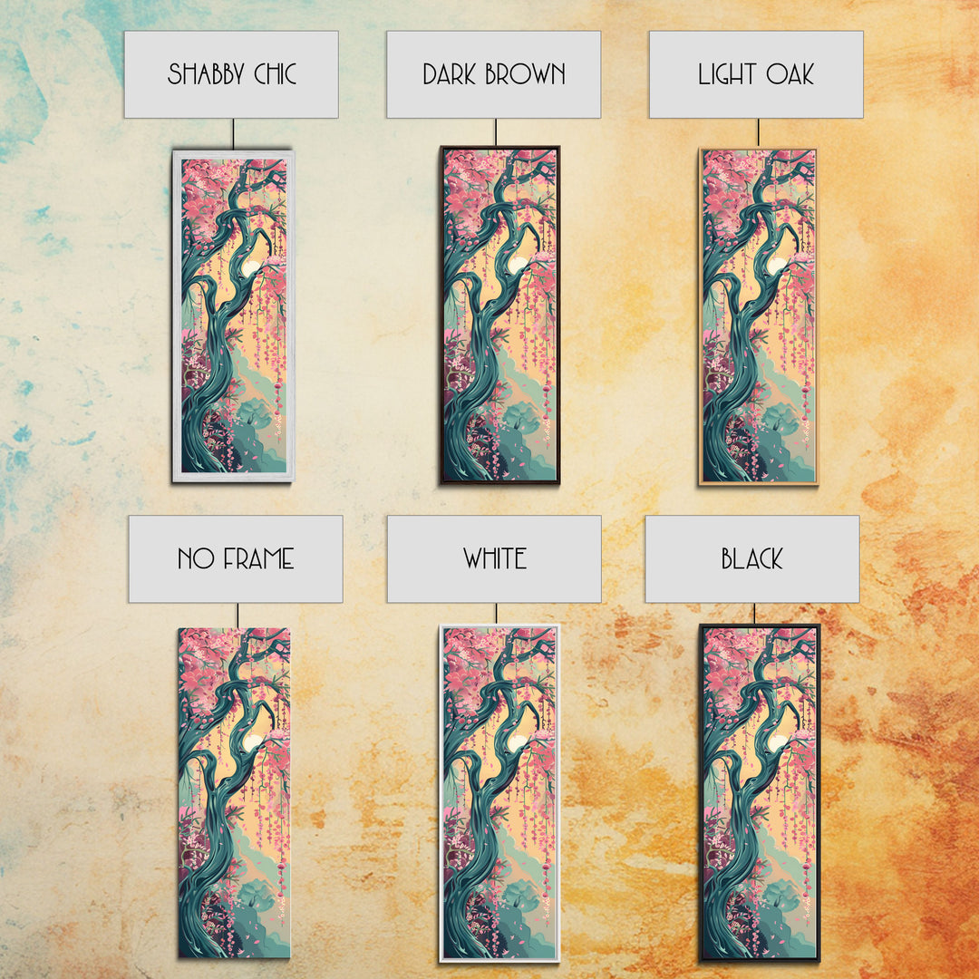 Japanese Garden Tree Skinny Wall Art Framed Canvas Print with Twisting Branches and Pink Blossoms in Warm Sunset Colors