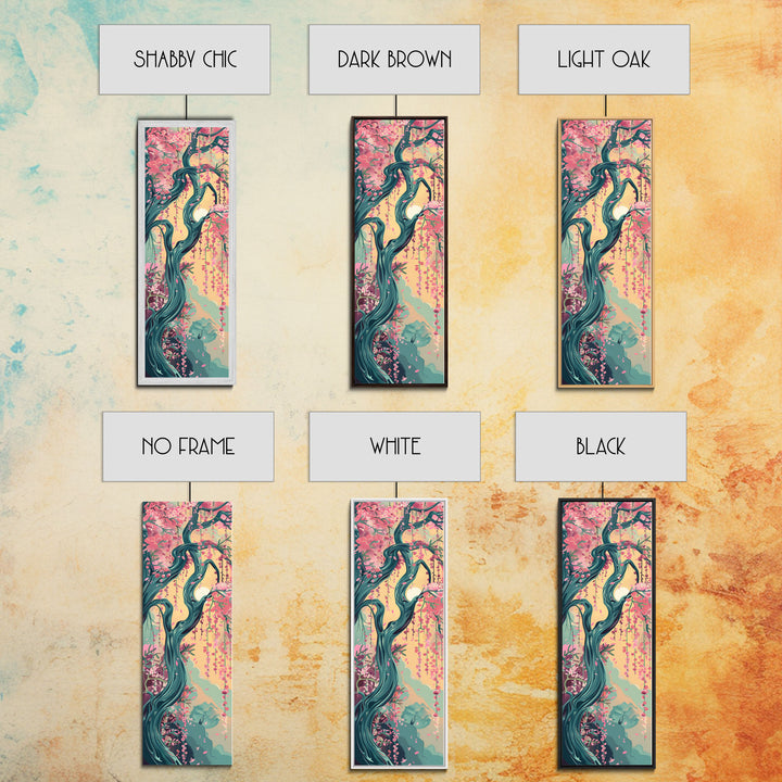 Japanese Garden Tree Skinny Wall Art Framed Canvas Print with Twisting Branches and Pink Blossoms in Warm Sunset Colors