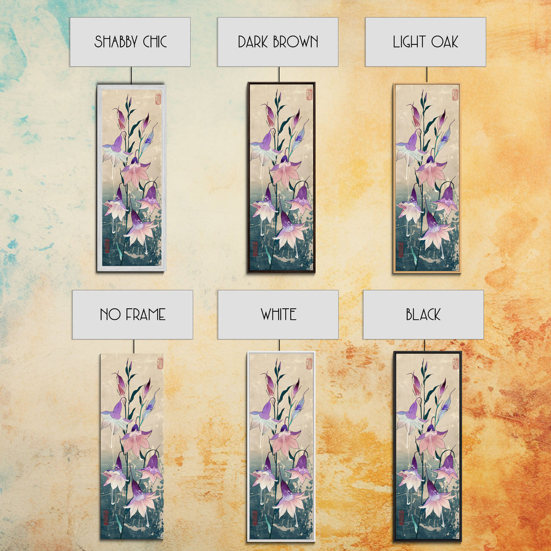Tall Art Featuring Elegant Bellflowers In Soft Purples And Pinks Against A Muted Background, Skinny Art, Japanese Style Art, Ukiyo-e Art, Framed Canvas Print, Wood Block Print