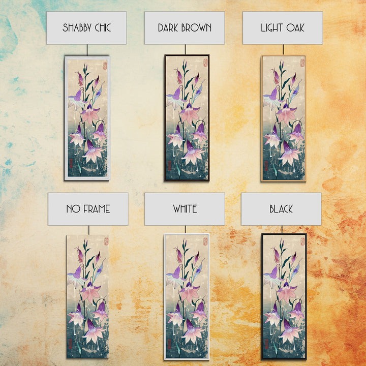 Tall Art Featuring Elegant Bellflowers In Soft Purples And Pinks Against A Muted Background, Skinny Art, Japanese Style Art, Ukiyo-e Art, Framed Canvas Print, Wood Block Print