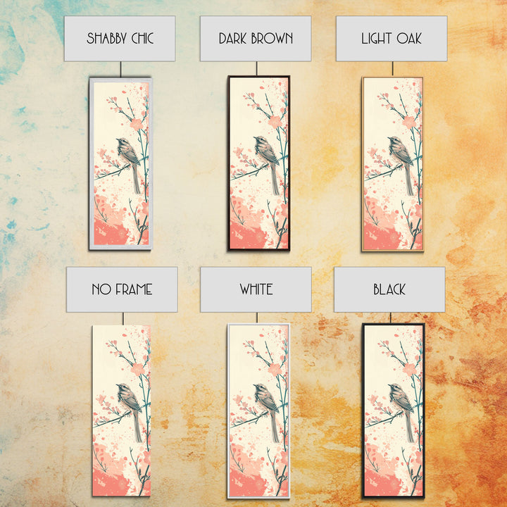 Perched Bird Among Blossoming Cherry Branches – Framed Canvas Print With Skinny Art And Tall Art Inspired By Ukiyo-E Art And Japanese Style Art