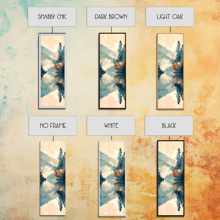 Ukiyo-e Art Depicting A Peaceful Lake Surrounded By Misty Mountains And Autumn Trees, Skinny Art, Tall Art, Framed Canvas Print, Japanese Style Art, Wood Block Print