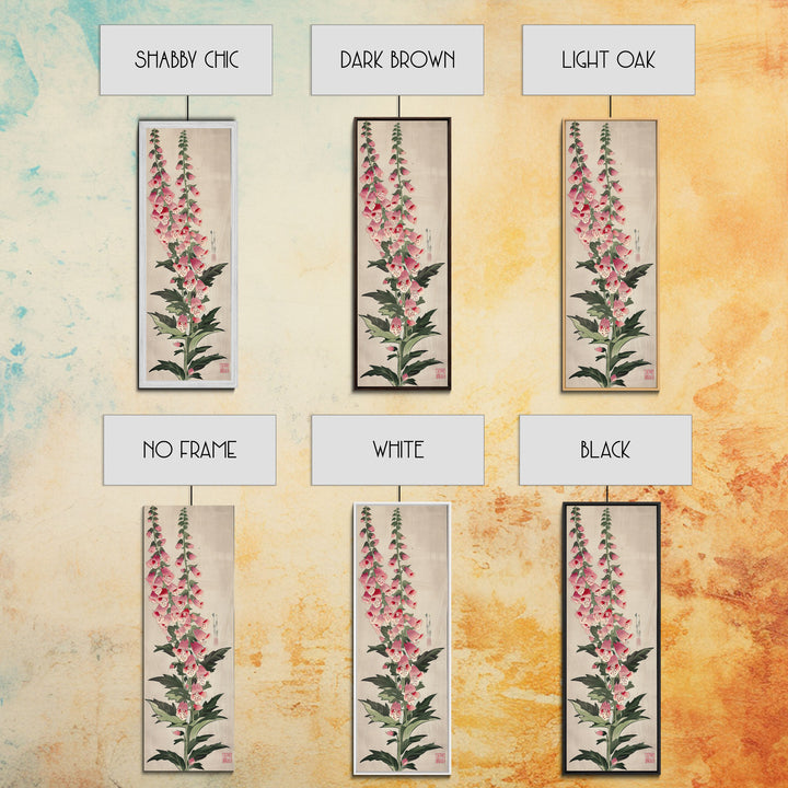 Skinny Art Tall Art Foxglove Flowers Wood Block Print Japanese Style Art Vertical Composition Framed Canvas Print