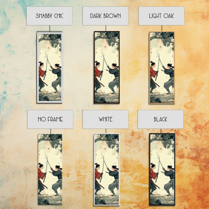 Skinny Art Tall Art Samurai Duel Wood Block Print Japanese Style Art Intense Battle Between Two Warriors Framed Canvas Print