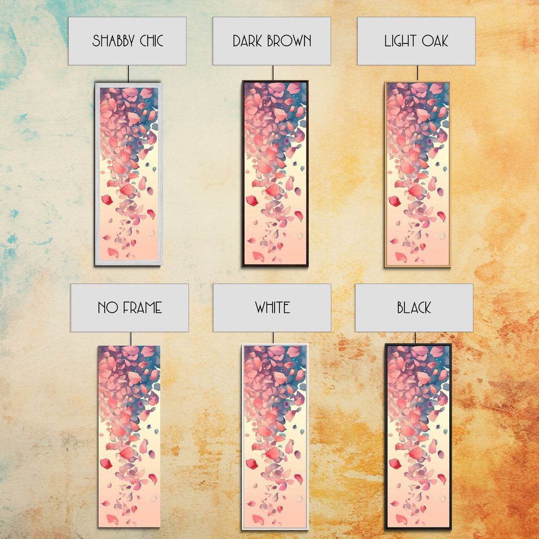 Cascading Pink Petals In Delicate Canvas, Tall Skinny Framed Wall Art For Feng Shui-Inspired Spaces, Japanese Style Art