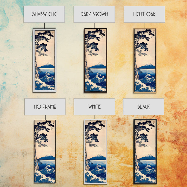 Skinny Art Tall Art Framed Canvas Print Japanese Style Art Blue Pine Tree Mount Fuji Wood Block Print Ukiyo-e Feng Shui Wall Art