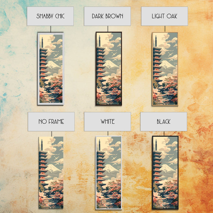 Japanese Pagoda With Mt Fuji And Cherry Blossoms – Framed Canvas Print Featuring Skinny Art Tall Art, Highlighting Ukiyo-E Art And Japanese Style Art