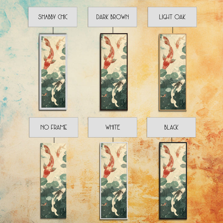 Koi Fish Swimming Among Lilypads In A Calm Pond – Framed Canvas Print Showcasing Skinny Art And Tall Art With Ukiyo-E Art And Japanese Style Art