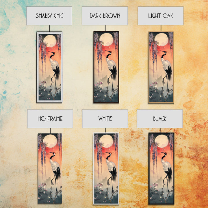 Japanese Crane With Moon And Wisteria - Skinny Art Tall Art Framed Canvas Print Japanese Style Art Ukiyo-e Art