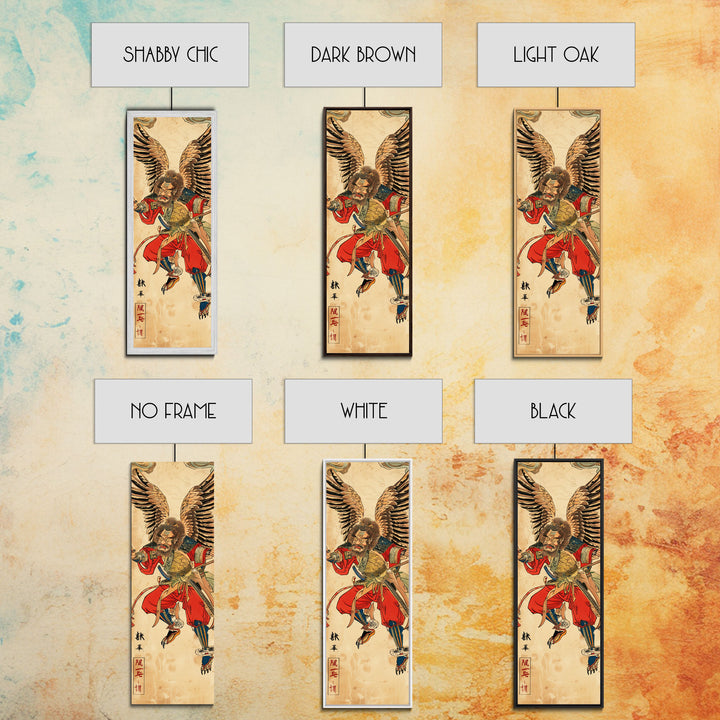 Samurai Warrior With Eagle Wings - Skinny Art Tall Art Framed Canvas Print Japanese Style Art Ukiyo-e Art