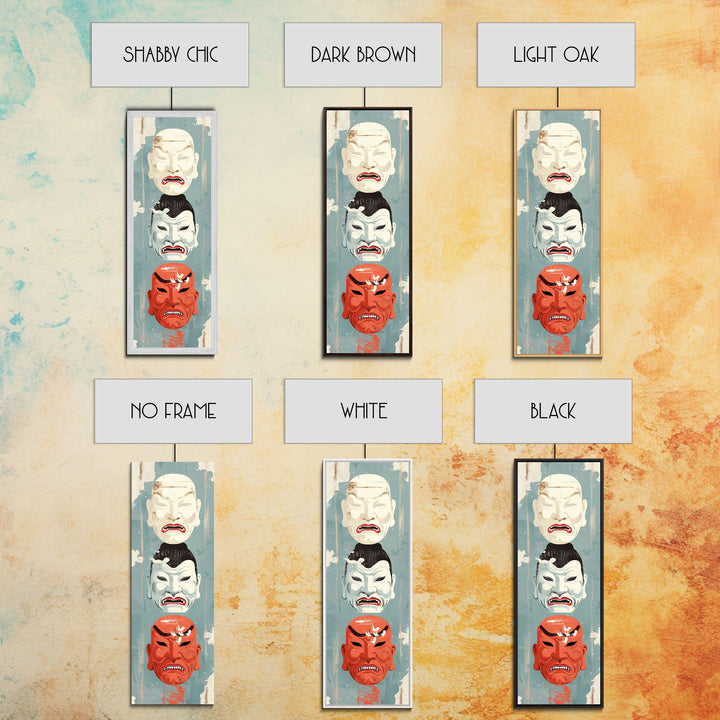 Japanese Masks In A Vertical Display - Skinny Art Tall Art Framed Canvas Print Japanese Style Art Ukiyo-e Art