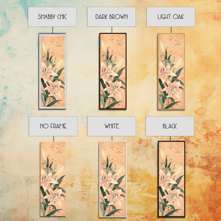 Delicate Lily Flowers Blooming In Japanese Style Ukiyo-e Art Framed Canvas Print Skinny Art Tall Art