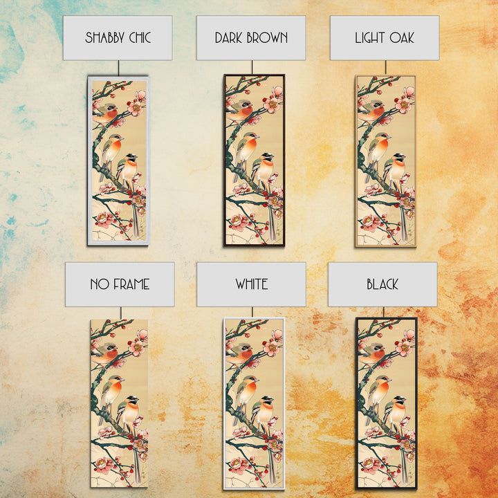 Tall Skinny Art Japanese Style Wood Block Print Vibrant Birds On Flowering Branches In Ukiyo-e Style For Framed Canvas Print