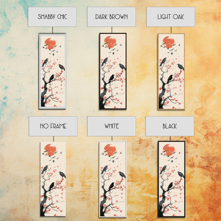 Crows On Bare Tree Branches Against Red Sun Skinny Art Wood Block Print Japanese Style Art Framed Canvas Print Tall Art Ukiyo-e Art