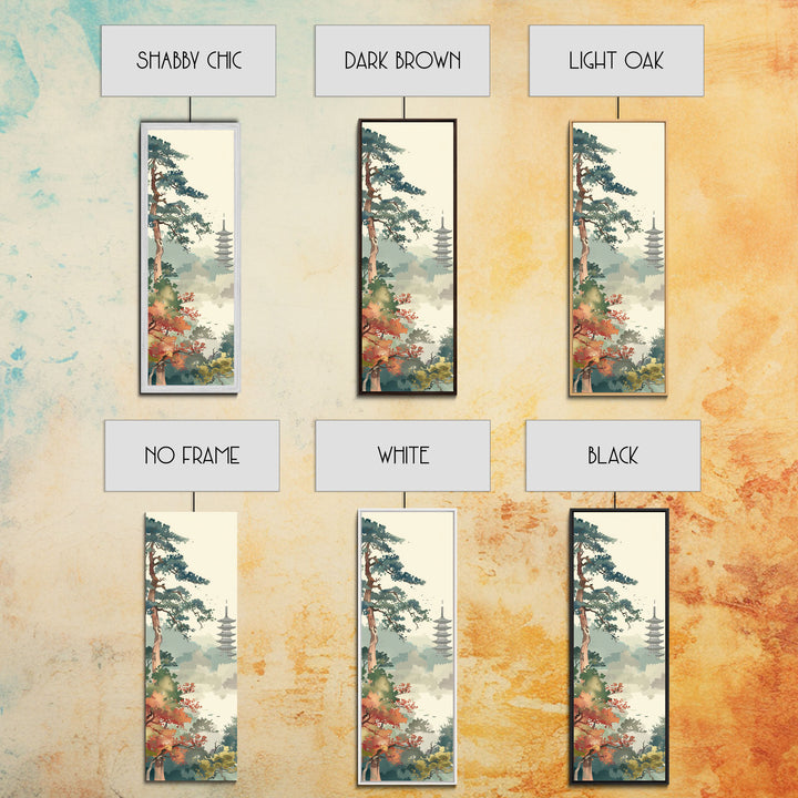 Pagoda And Pine Tree In Misty Landscape Skinny Art Wood Block Print Japanese Style Art Framed Canvas Print Tall Art Ukiyo-e Art