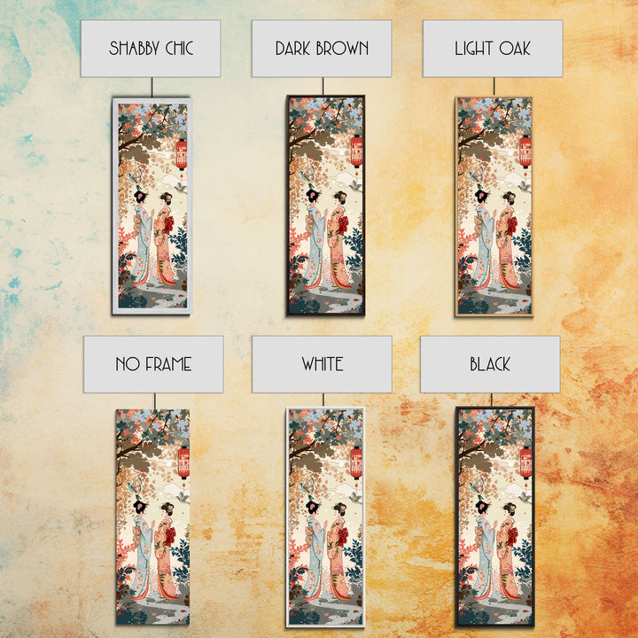 Traditional Geishas Skinny Art Tall Art Japanese Ukiyo-e Inspired Framed Canvas Print for Elegant Home and Office Decor