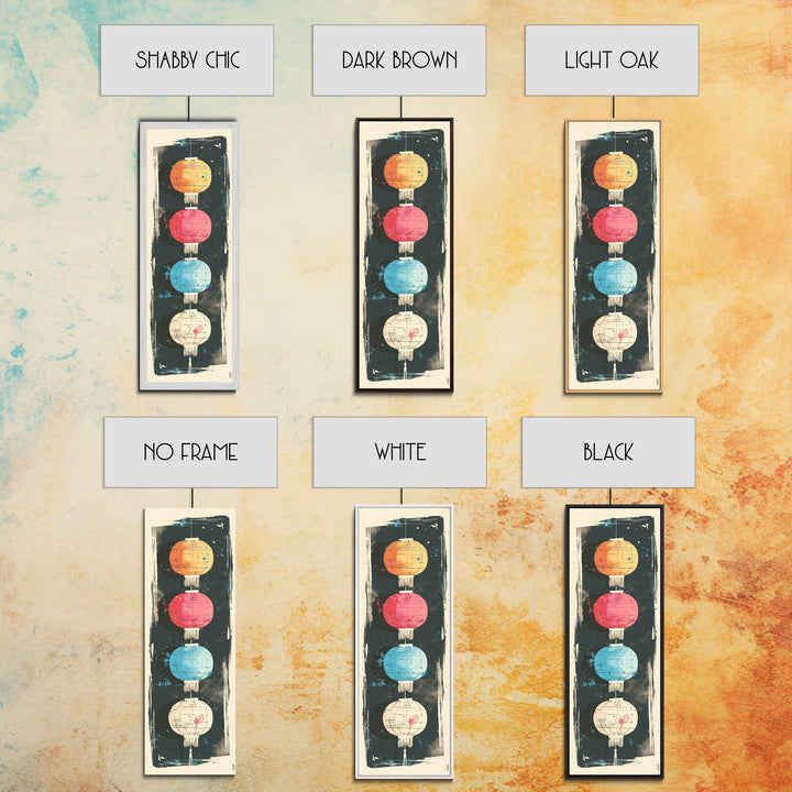 Colorful Lanterns Hanging in a Vertical Row with Abstract Background - Skinny Art, Japanese Wall Decor, Framed Canvas Print, Ukiyo-e Style