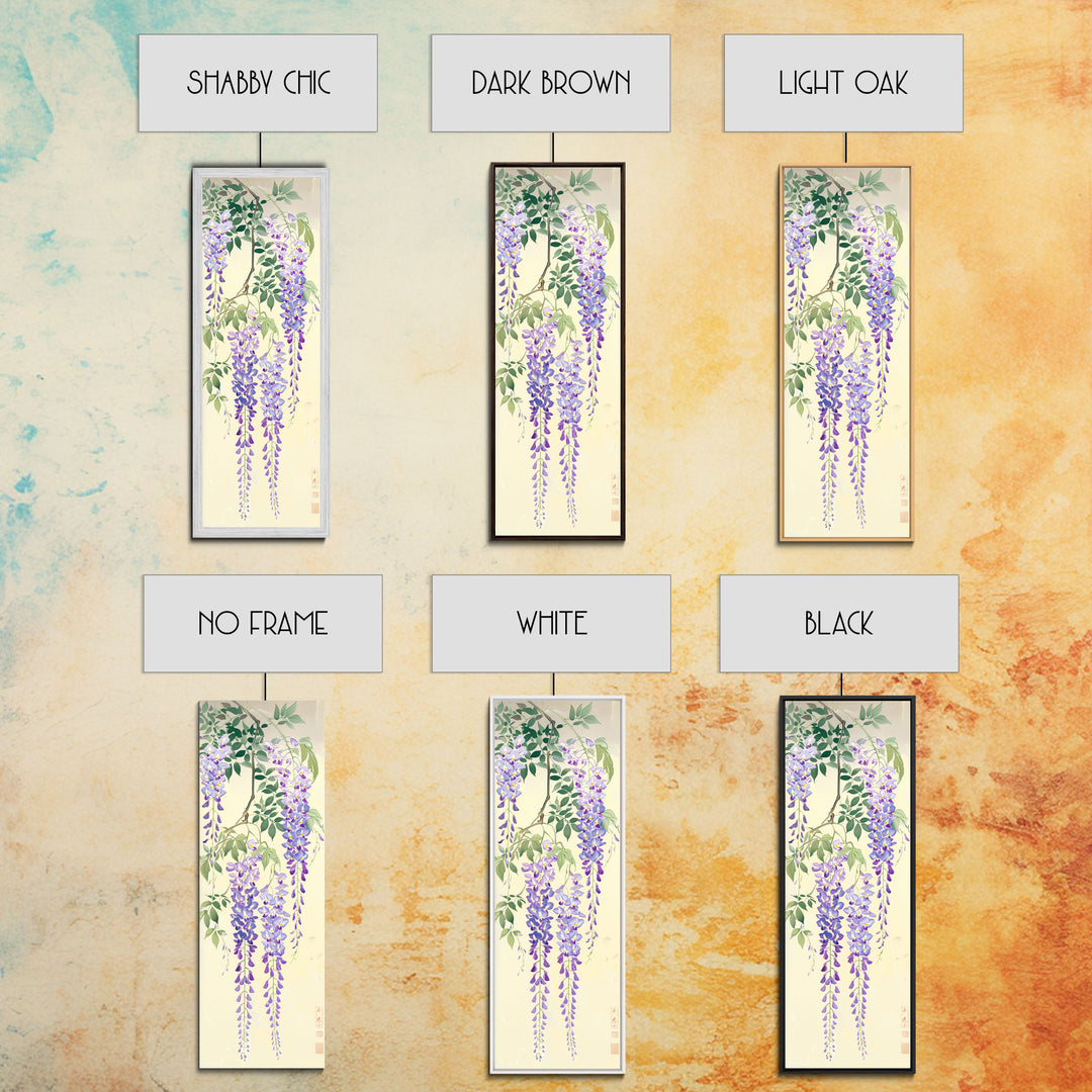 Cascading Wisteria Blossoms in Shades of Purple and Green - Skinny Art, Japanese Wall Decor, Framed Canvas Print, Ukiyo-e Style