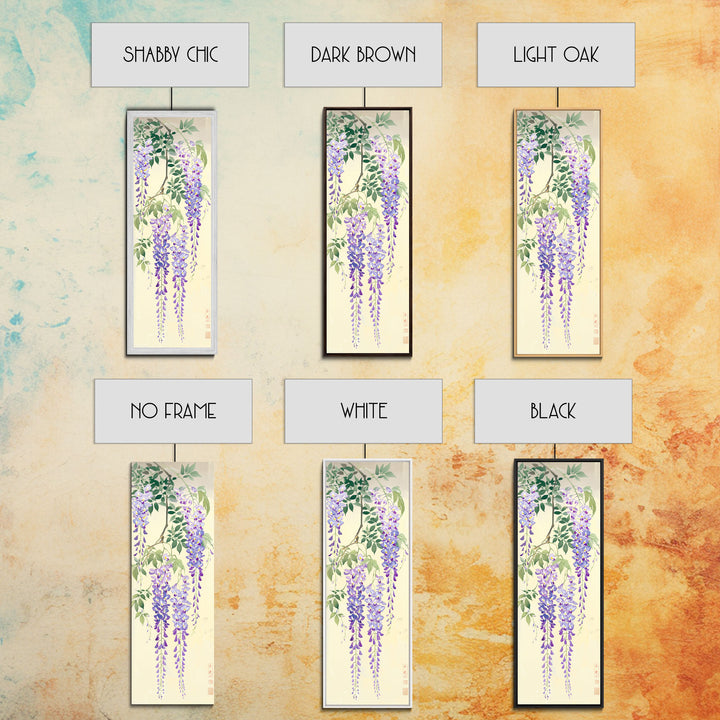 Cascading Wisteria Blossoms in Shades of Purple and Green - Skinny Art, Japanese Wall Decor, Framed Canvas Print, Ukiyo-e Style