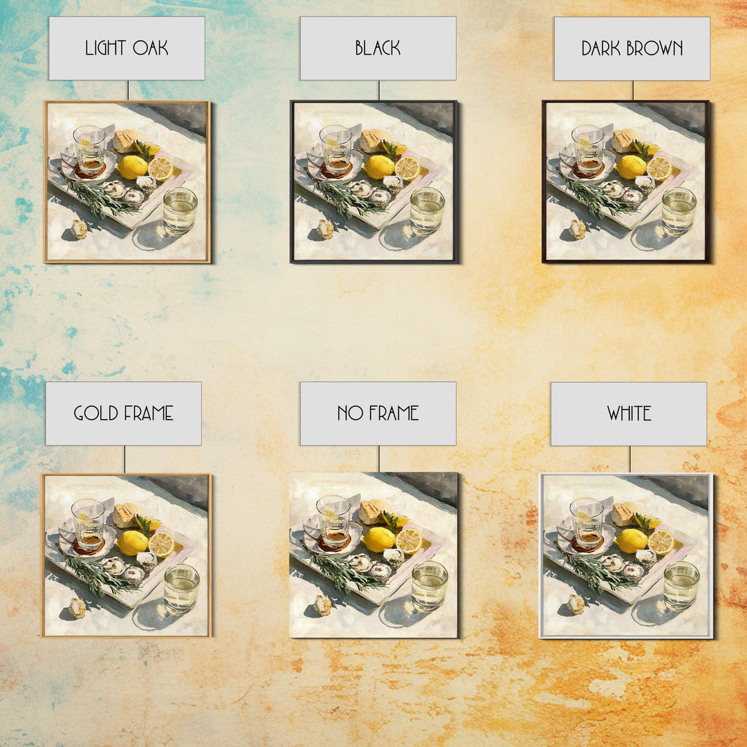 Oyster Platter with Lemons and Champagne Framed Canvas Print, Restaurant Art, Food Art, Restaurant Decor, Oil Painting, Bistro, RES-1x1-51