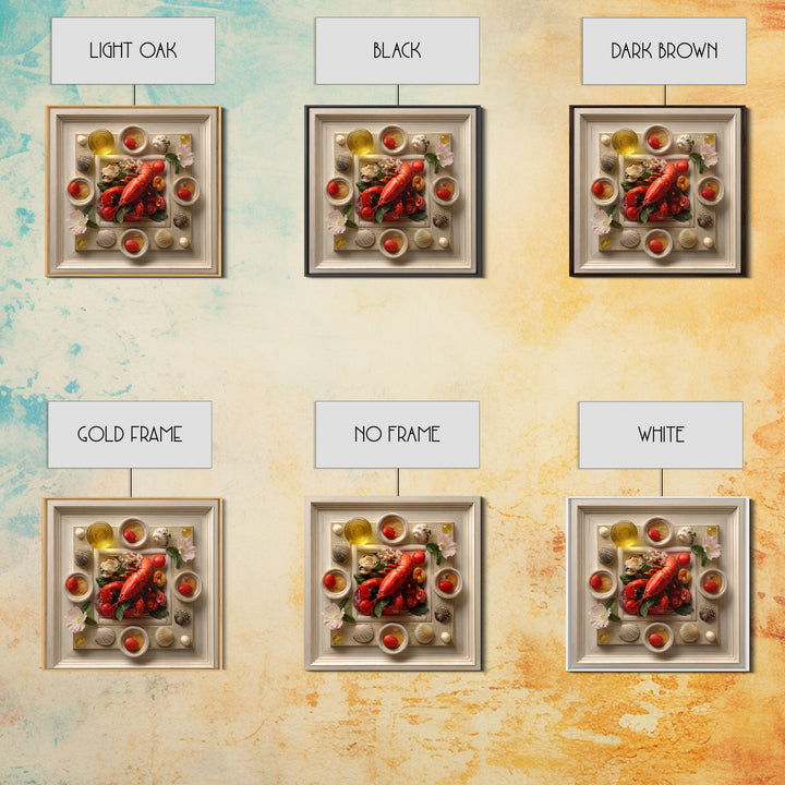 Seafood Lobster and Shell Arrangement Framed Canvas Print, Restaurant Art, Fine Art Print, Restaurant Decor, Fine Art, Bistro, RES-1x1-80