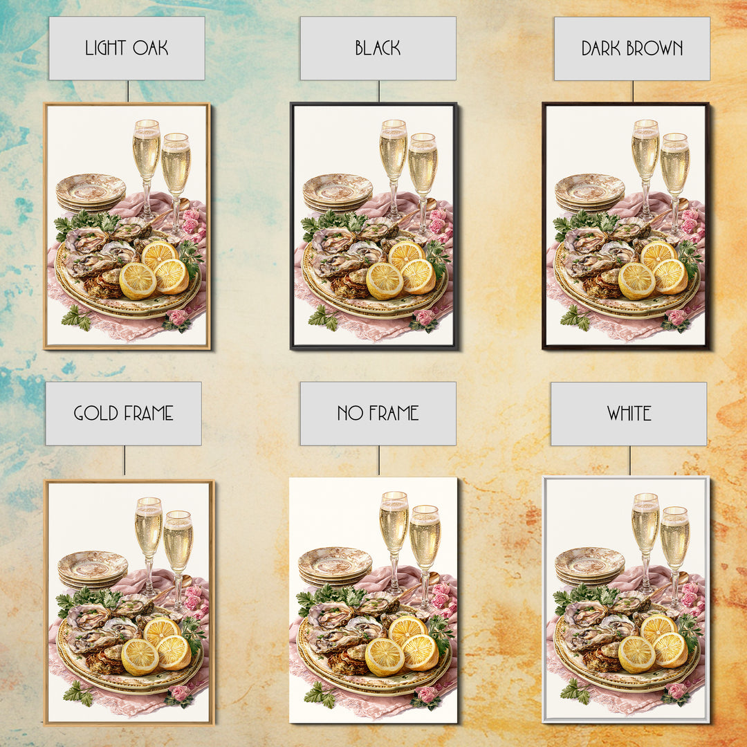 Oyster Platter with Lemons and Champagne Framed Canvas Print, Restaurant Art, Watercolor Art, Restaurant Decor, Abstract Art, RES-2x3-83