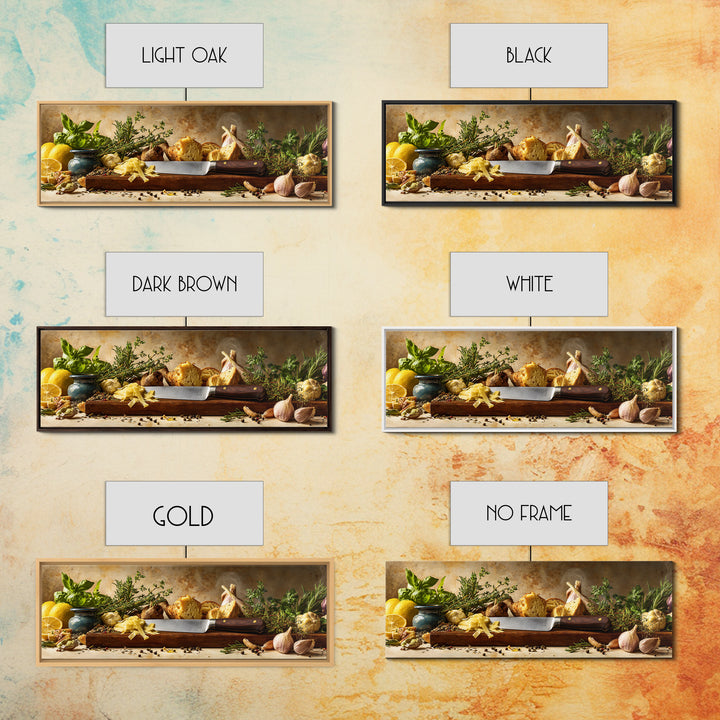 Chef Knife Herbs and Cutting Board Still Framed Canvas Print, Restaurant Art, Stained Glass Art, Restaurant Decor, Bistro, RES-3x1-53