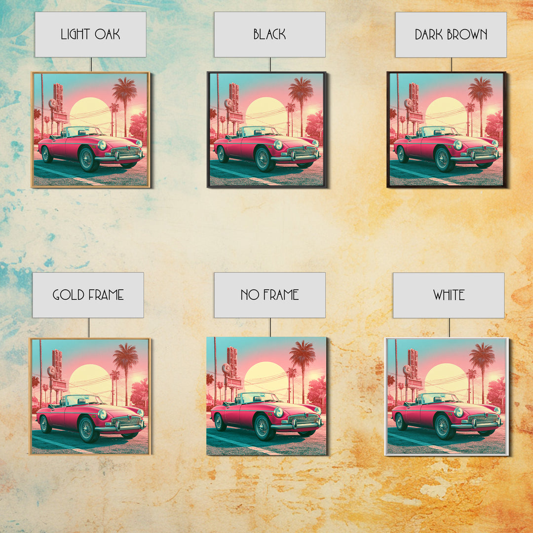 Classic Convertible at Pink Sunset Framed Canvas Print, Retro Art, Bedroom Wall Art, Living Room Decor, Watercolor Art, Retro, RET-1x1-58