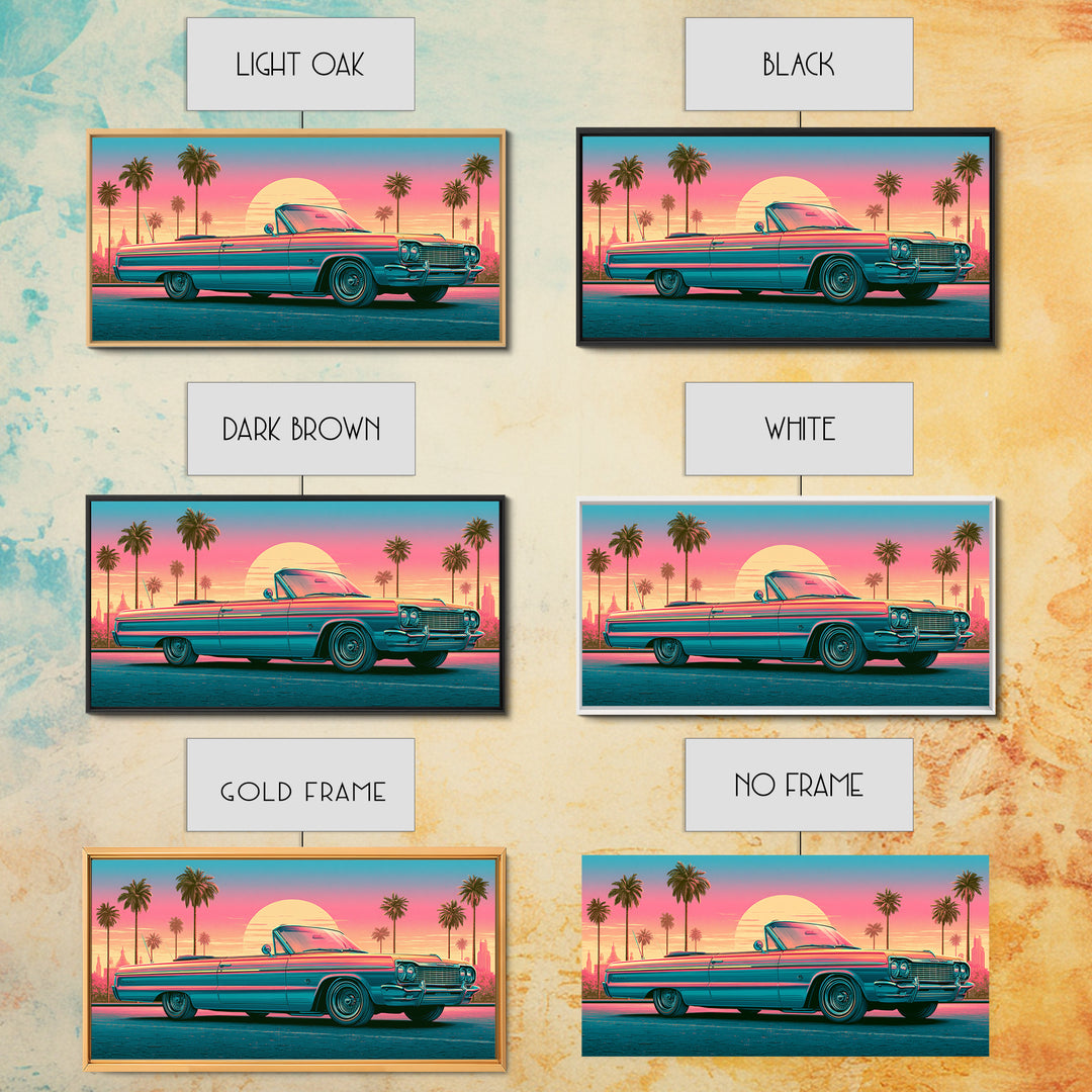 Classic Convertible at Pink Sunset Framed Canvas Print, Retro Art, Luxury Decor, Living Room Decor, Fine Art, Retro, RET-2x1-30