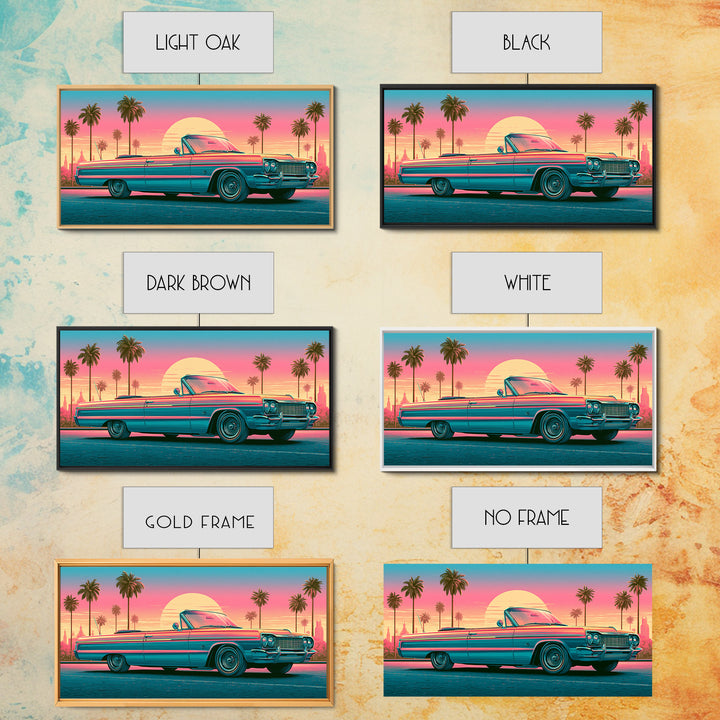 Classic Convertible at Pink Sunset Framed Canvas Print, Retro Art, Luxury Decor, Living Room Decor, Fine Art, Retro, RET-2x1-30