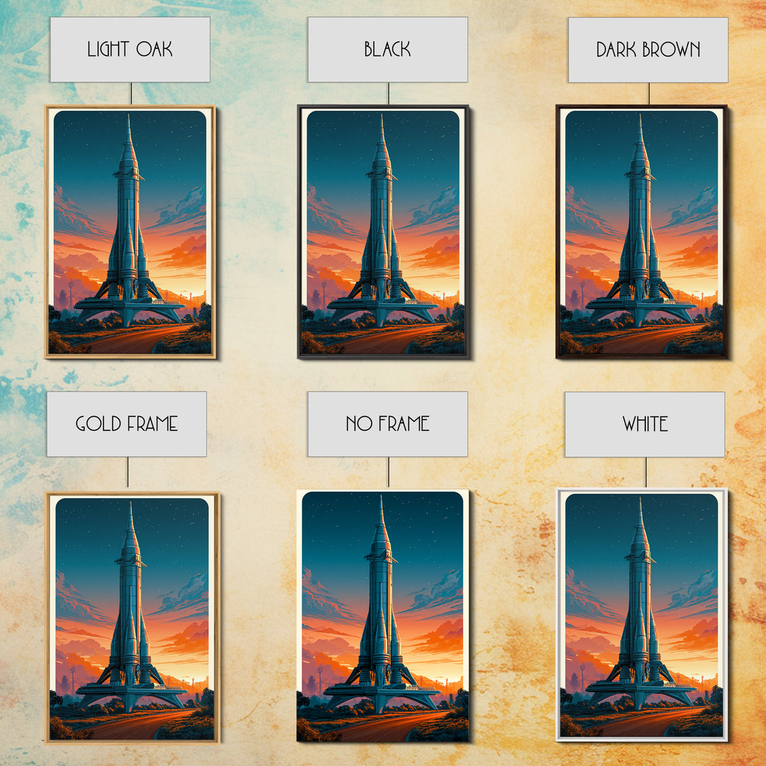 Space Age Rocket Poster Scene Framed Canvas Print, Retro Art, Posters, Living Room Decor, Fine Art, Retro, Printable Art, RET-2x3-63