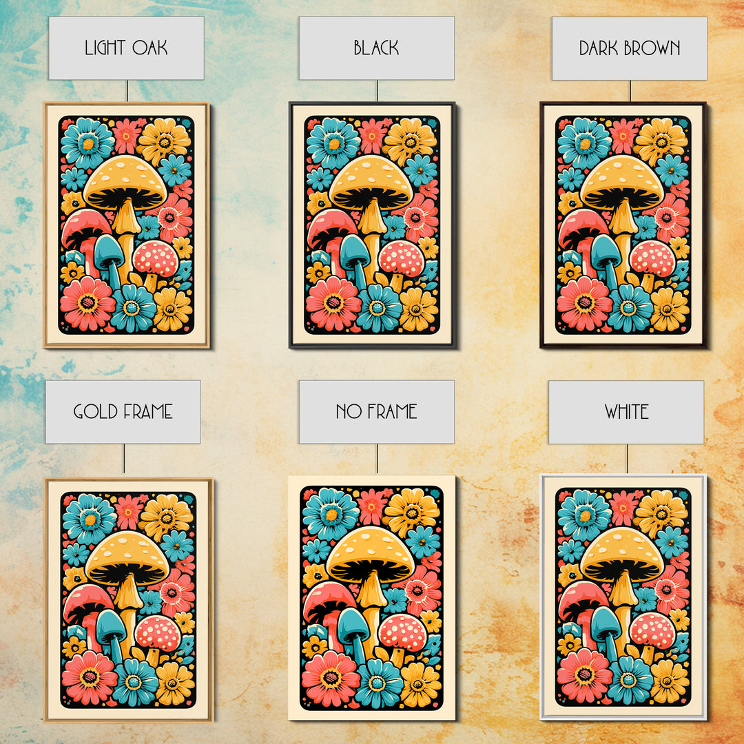 Funky Mushroom and Flower Pattern Canvas Print, Retro Art, Poster, Living Room Decor, Watercolor Art, Retro, Abstract Art, RET-2x3-79