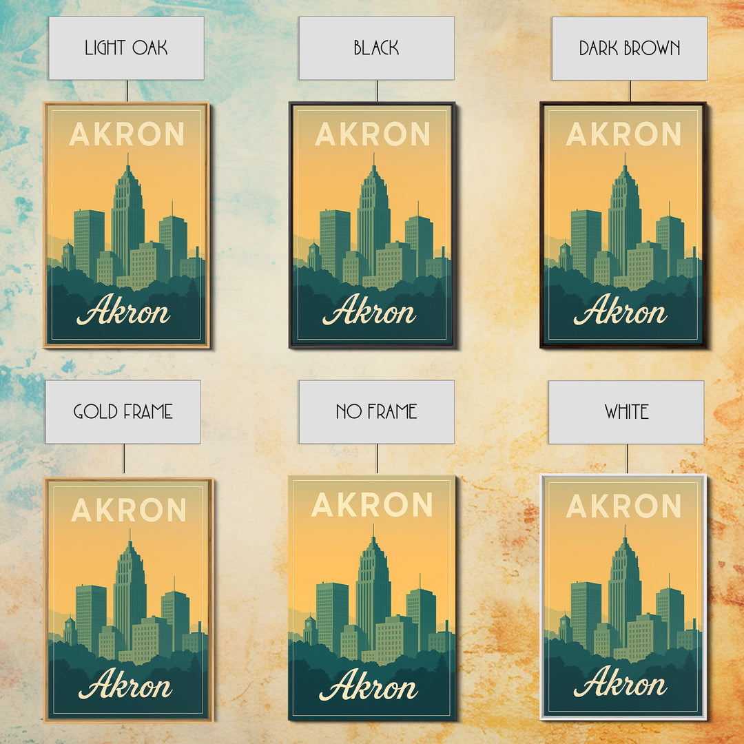 Akron Ohio Travel Poster, Canvas Print, Retro Sunset Skyline Art, Akron Travel Art, Fine Art Print, Mid Century Wall Art, Travel Decor