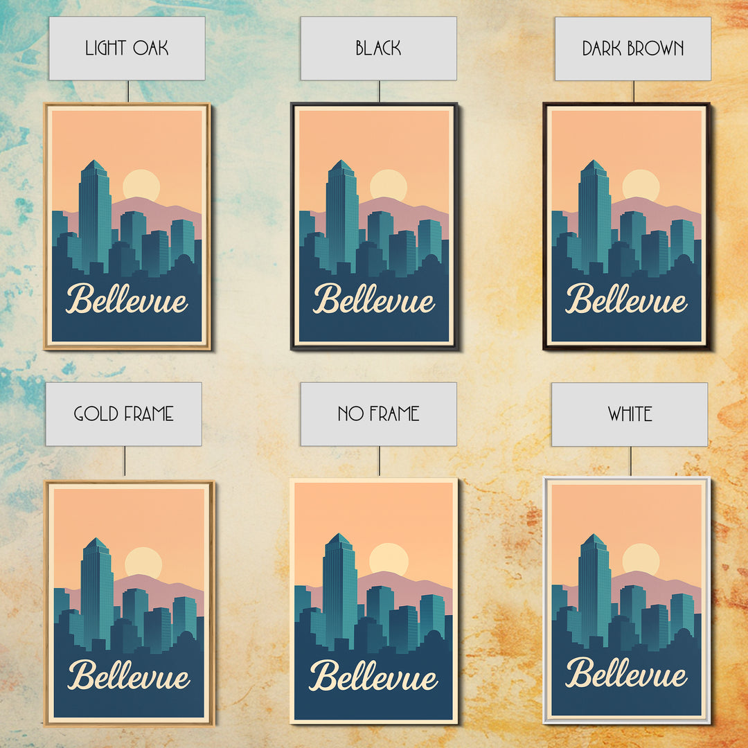 Bellevue Washington Travel Poster, Canvas Print, Retro Sunset Skyline Art, Bellevue Poster Print, Retro Travel Print, Art Print, Poster Art