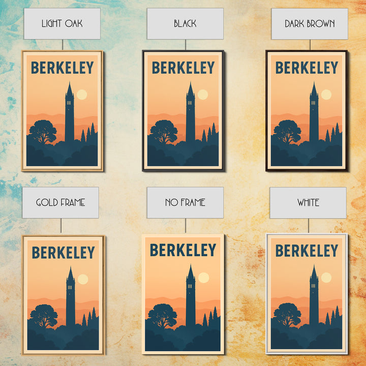 Berkeley Travel Poster, Framed Canvas Print, Retro Sunset Skyline Art, Berkeley Poster Print, Travel Wall Decor, Watercolor Urban Skyline