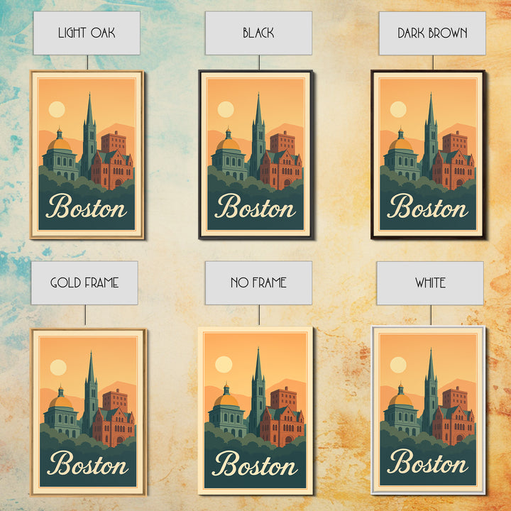 Boston Massachusetts Travel Poster, Framed Canvas Print, Retro Sunset Skyline Art, Boston Art Print, Mid Century Wall Art, City Illustration