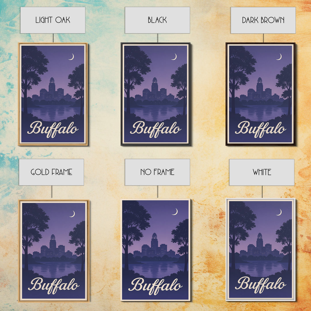 Buffalo Travel Poster, Framed Canvas Print, Retro Sunset Skyline Art, Buffalo Travel Art, City Illustration, Travel Art Print, Design 2