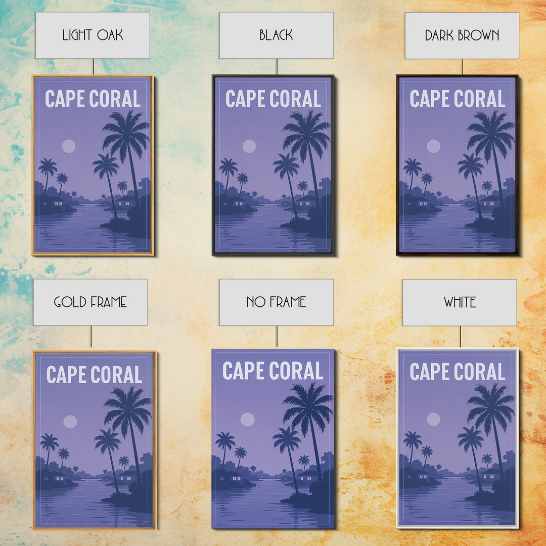 Cape Coral Florida Travel Poster, Framed Canvas Print, Retro Sunset Skyline Art, Cape Coral City Art, Fine Art Print, Mid Century Wall Art