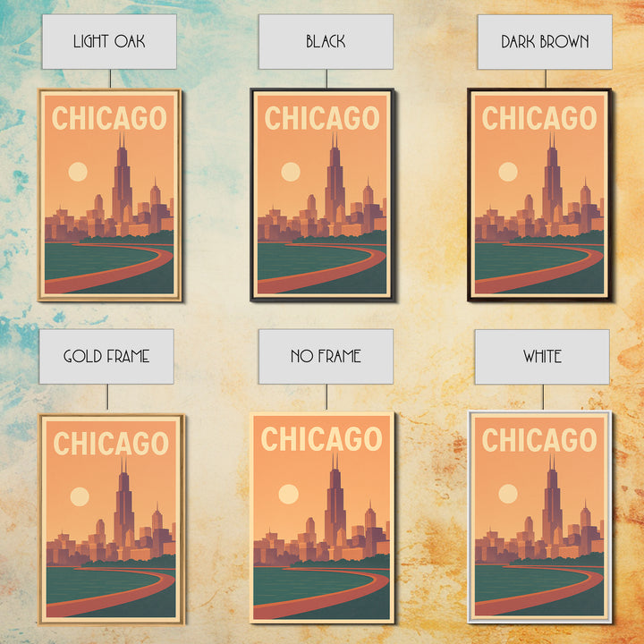 Chicago Illinois Travel Poster, Framed Canvas Print, Retro Sunset Skyline Art, Chicago Travel Art, Retro Travel Print, Home Office Decor