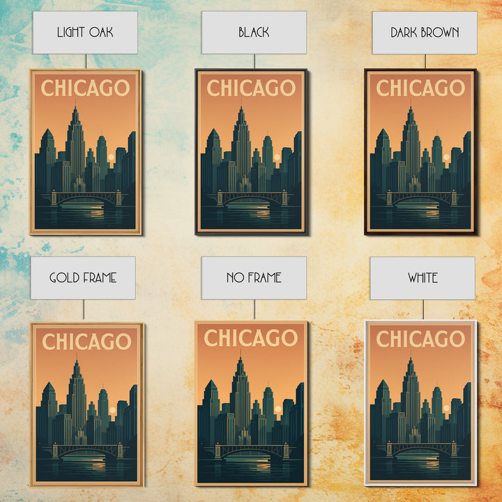 Chicago Travel Poster, Framed Canvas Print, Retro Sunset Skyline Art, Chicago Poster Print, Travel Poster Set, Vintage City Poster