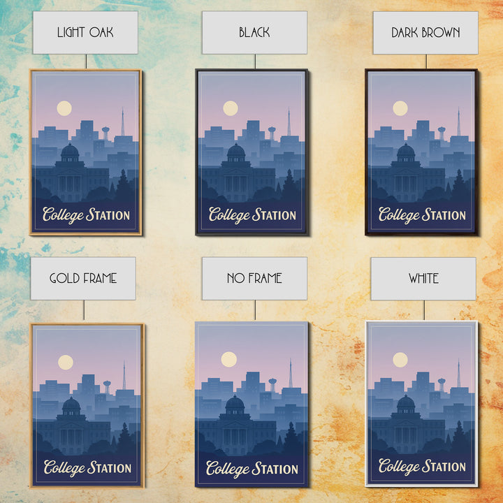 College Station Travel Poster, Framed Canvas Print, Retro Sunset Skyline Art, College Station City Art, Home Office Decor, Travel Art Print