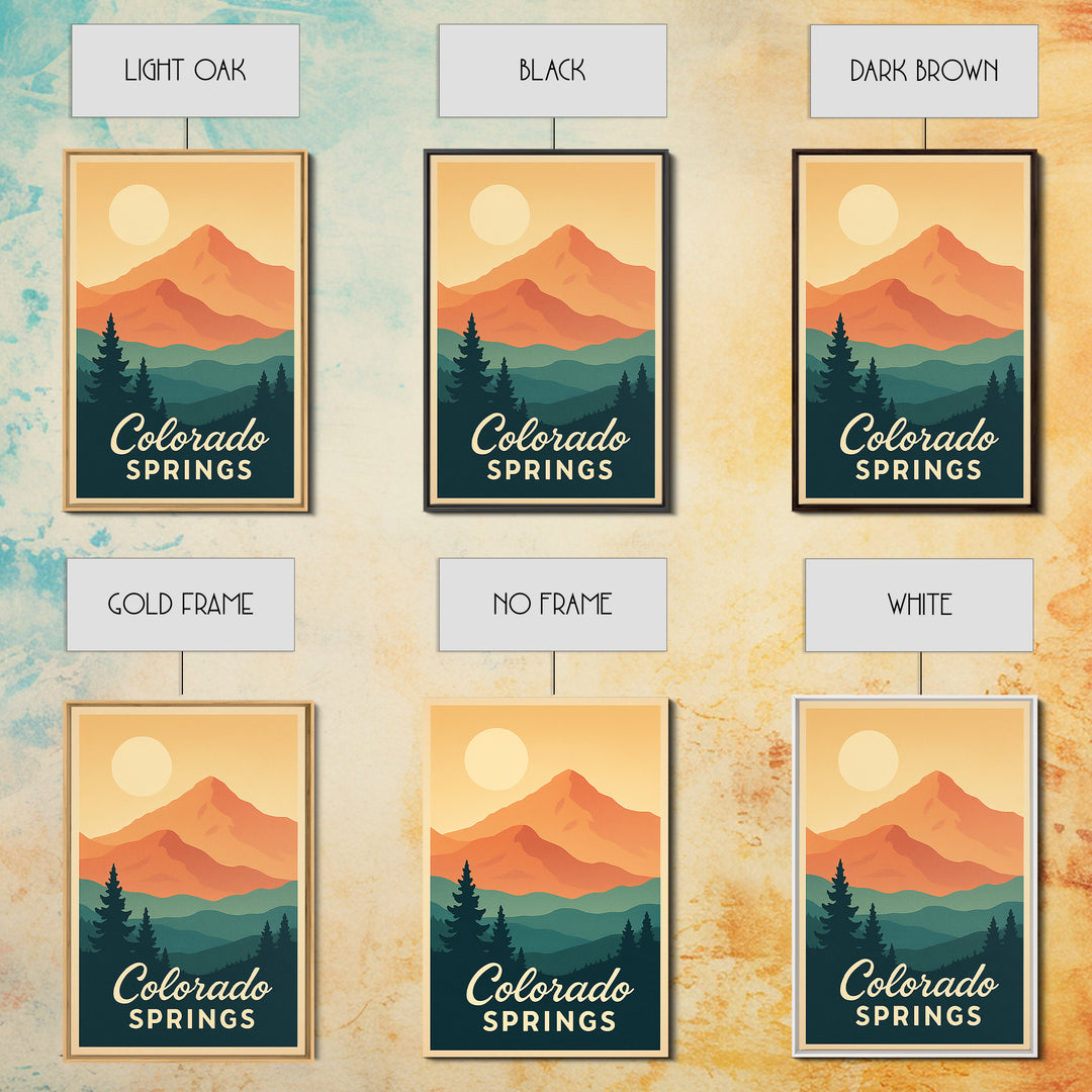 Colorado Springs Colorado Travel Poster, Framed Canvas Print, Retro Sunset Skyline Art, Colorado Springs Travel Art, Living Room Wall Art