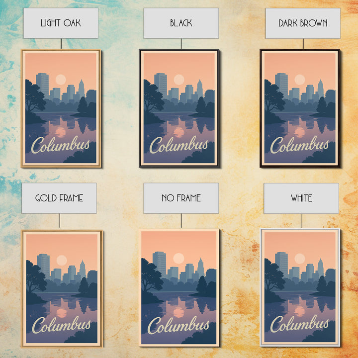 Columbus Travel Poster, Framed Canvas Print, Retro Sunset Skyline Art, Columbus Wall Art, Modern Wall Decor, Retro Travel Print