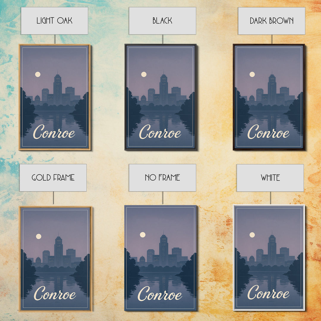 Conroe Travel Poster, Framed Canvas Print, Mid Century City Wall Art, Conroe Travel Art, Living Room Wall Art, Vintage City Poster