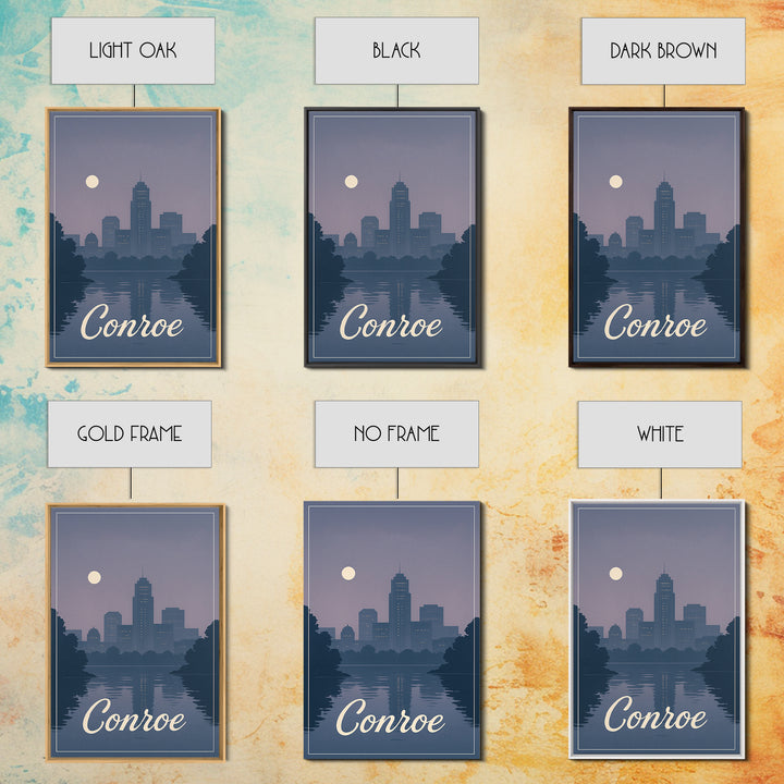Conroe Travel Poster, Framed Canvas Print, Mid Century City Wall Art, Conroe Travel Art, Living Room Wall Art, Vintage City Poster