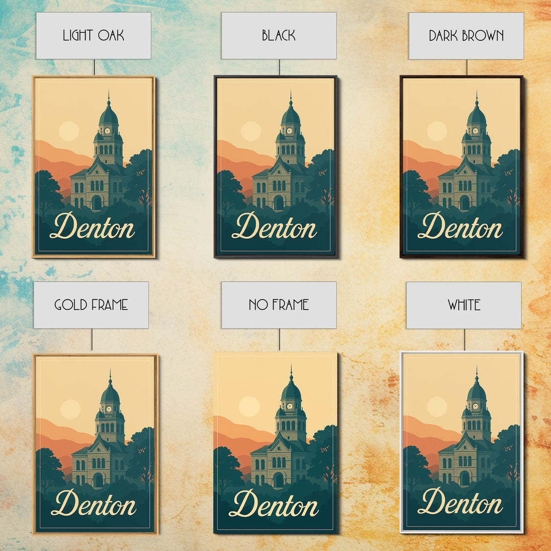 Denton Texas Travel Poster, Canvas Print, Retro Sunset Skyline Art, Denton Travel Art, Travel Poster Set, Wanderlust Decor, City Poster
