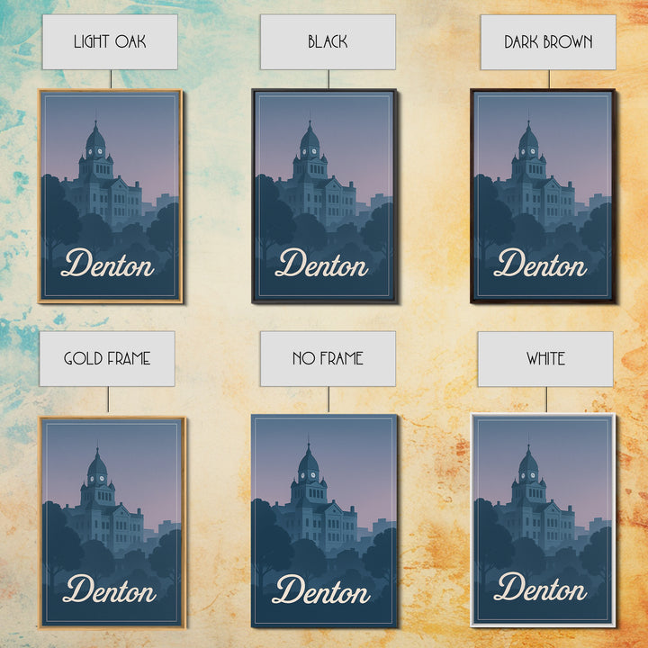 Denton Travel Poster, Framed Canvas Print, Retro Sunset Skyline Art, Denton Poster Print, Vintage Travel Art, City Travel Prints