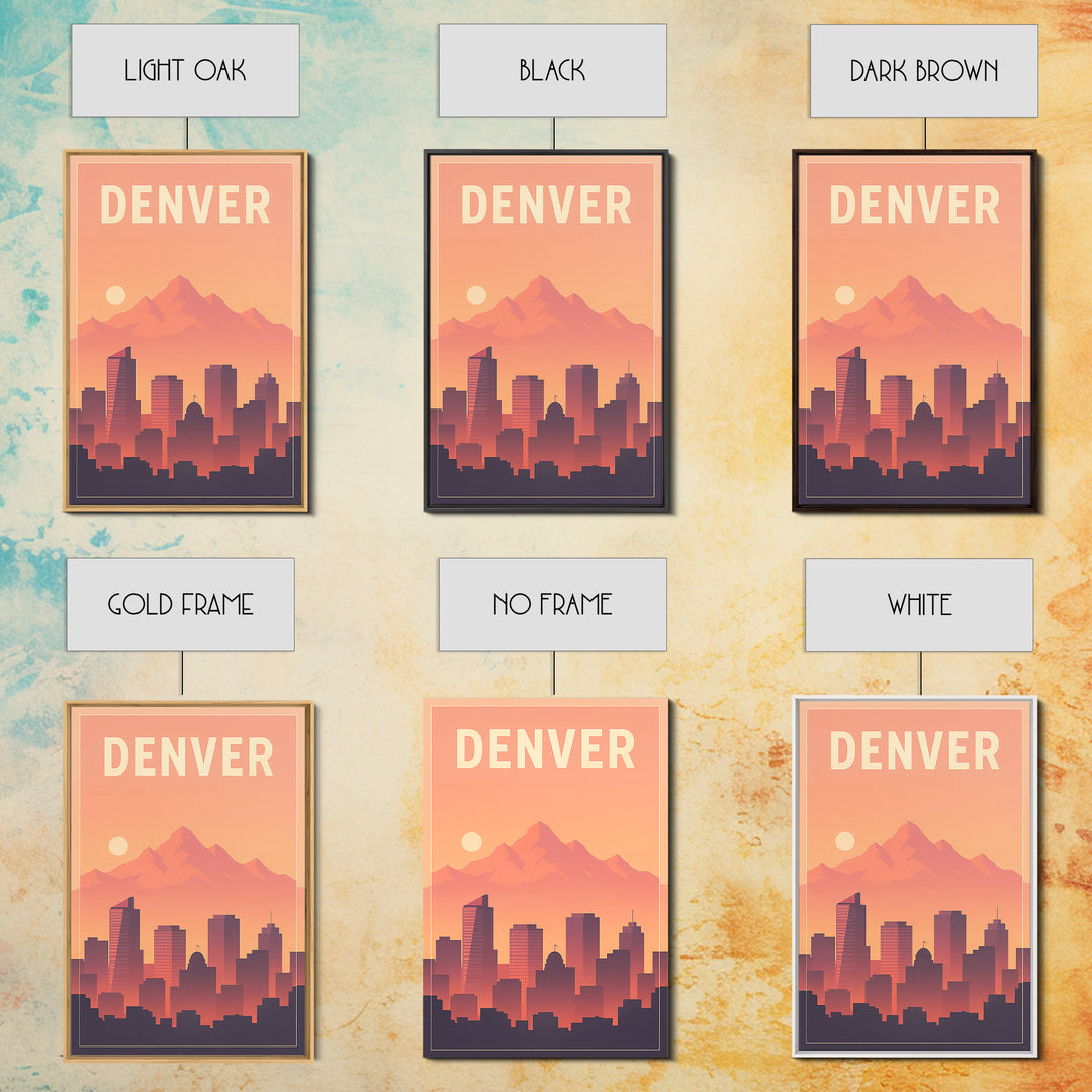 Denver Travel Poster, Framed Canvas Print, Retro Sunset Skyline Art, Denver Poster Print, Travel Poster Set, Travel Art Print, Wall Art